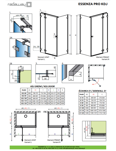 RADAWAY Essenza Pro Gold KDJ 100 x 80 cm prawa